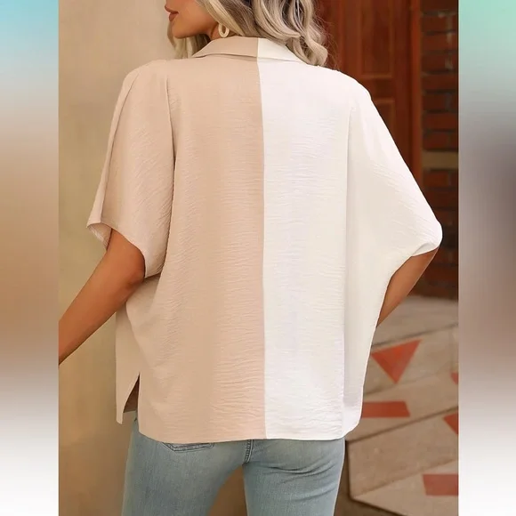 NWOT Dual Tone White and Tan Button Up Blouse - Picture 2 of 7